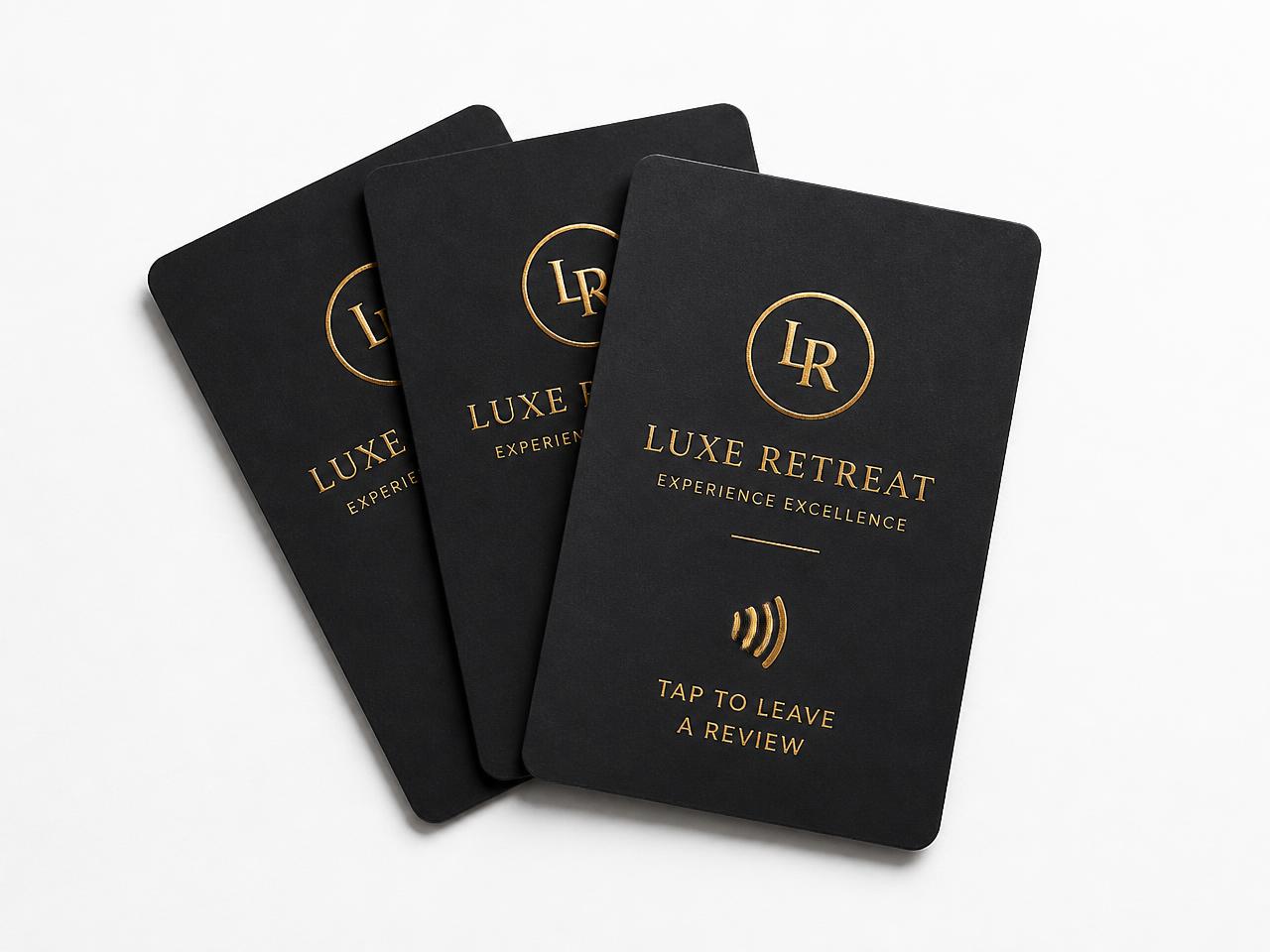 Three branded matte black NFC review cards with gold foil logo detail